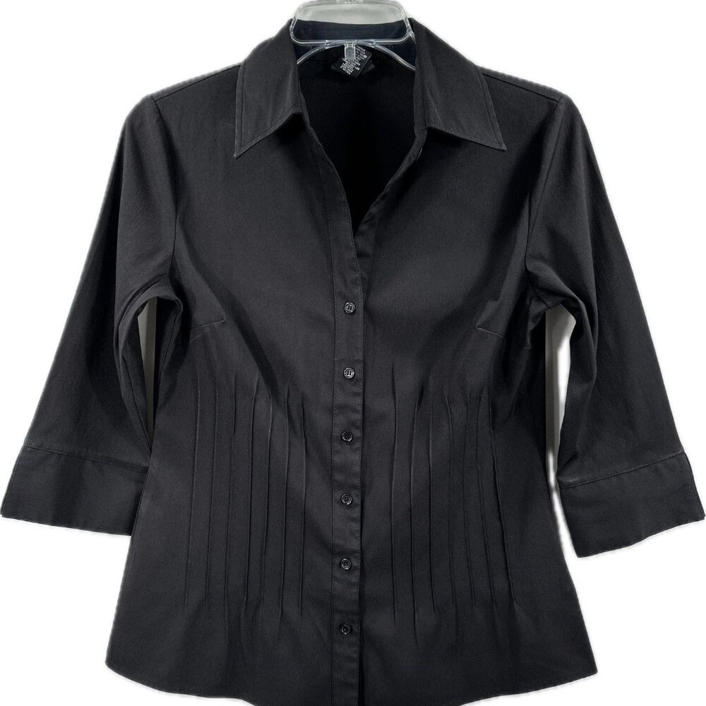 Bay Studios Petite Blouse Black 3/4" Sleeves Pleated Front Women's Size PS